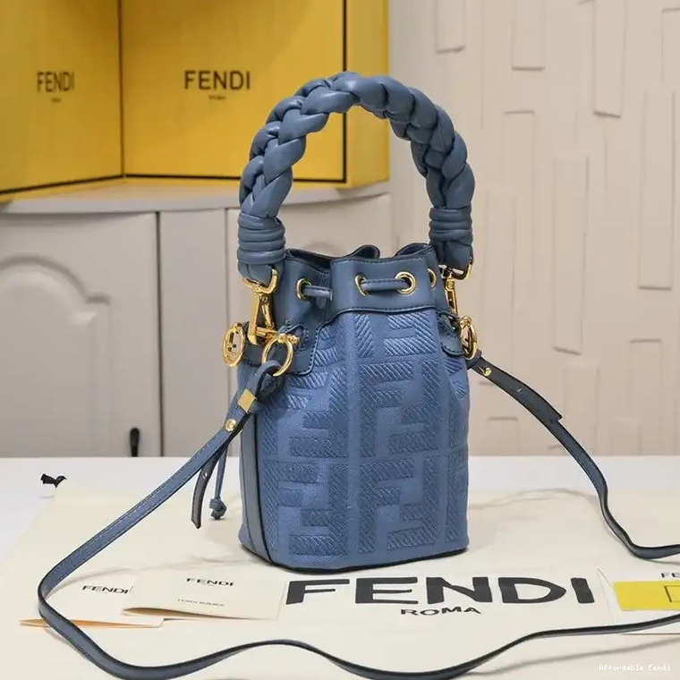 Cheap Affordable Canvas Motif Blue Fendi Woven Bag Mon Handle In Bucket FF with Mini Tresor 0420